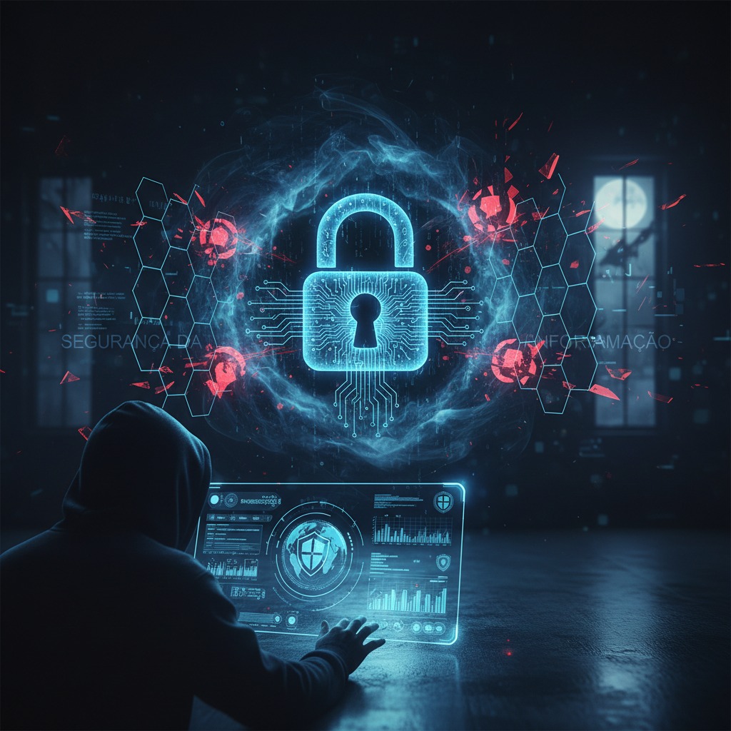 Uma pessoa encapuzada interage com uma interface digital holográfica que exibe um cadeado brilhante e gráficos de segurança da informação.