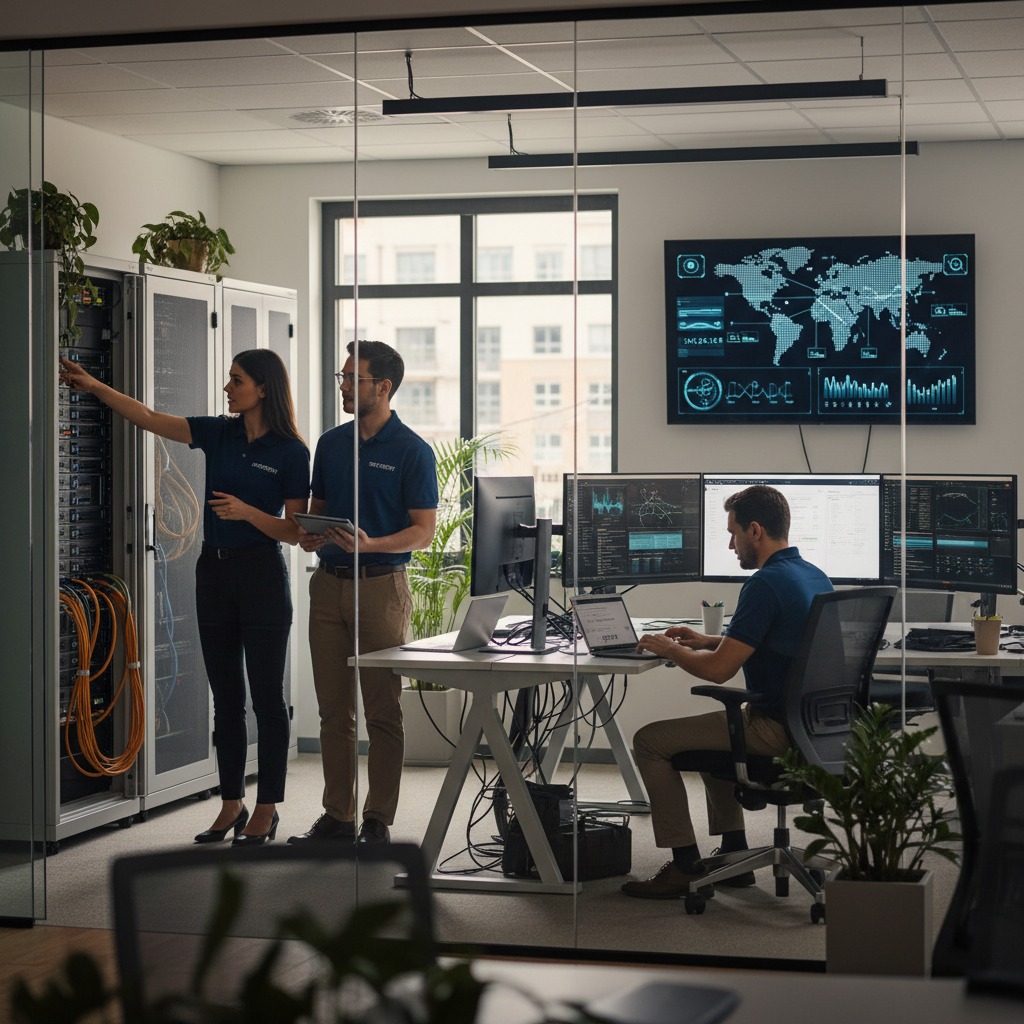 Equipe de TI trabalhando em um centro de dados moderno com servidores, monitores e um mapa digital na parede.
